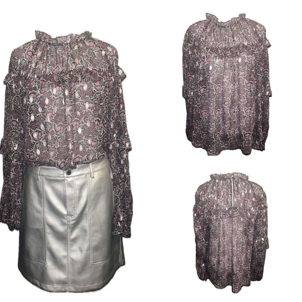 EUC INC SZ M black/pink/gray/silver metallic sheer top w/ruffles/bust 24” - Picture 7 of 8